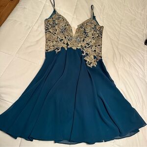 Jovani Teal Dress with Gold Detailing